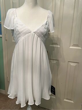 Lulu's White Pleated Chiffon Dress with V-Neck